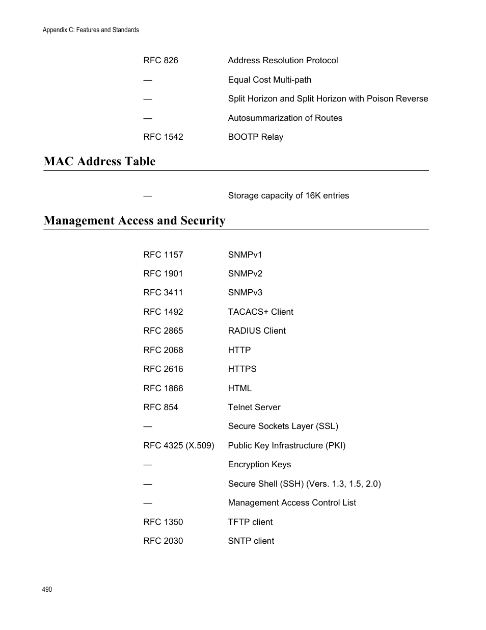 Mac address table, Management access and security | Allied Telesis AT-S63 User Manual | Page 490 / 520