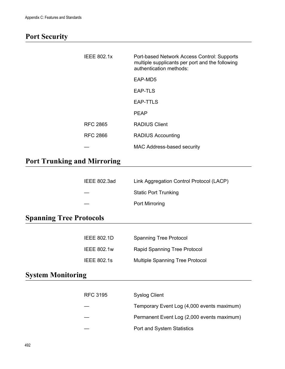 Port security, Port trunking and mirroring, Spanning tree protocols | System monitoring | Allied Telesis AT-S63 User Manual | Page 492 / 520