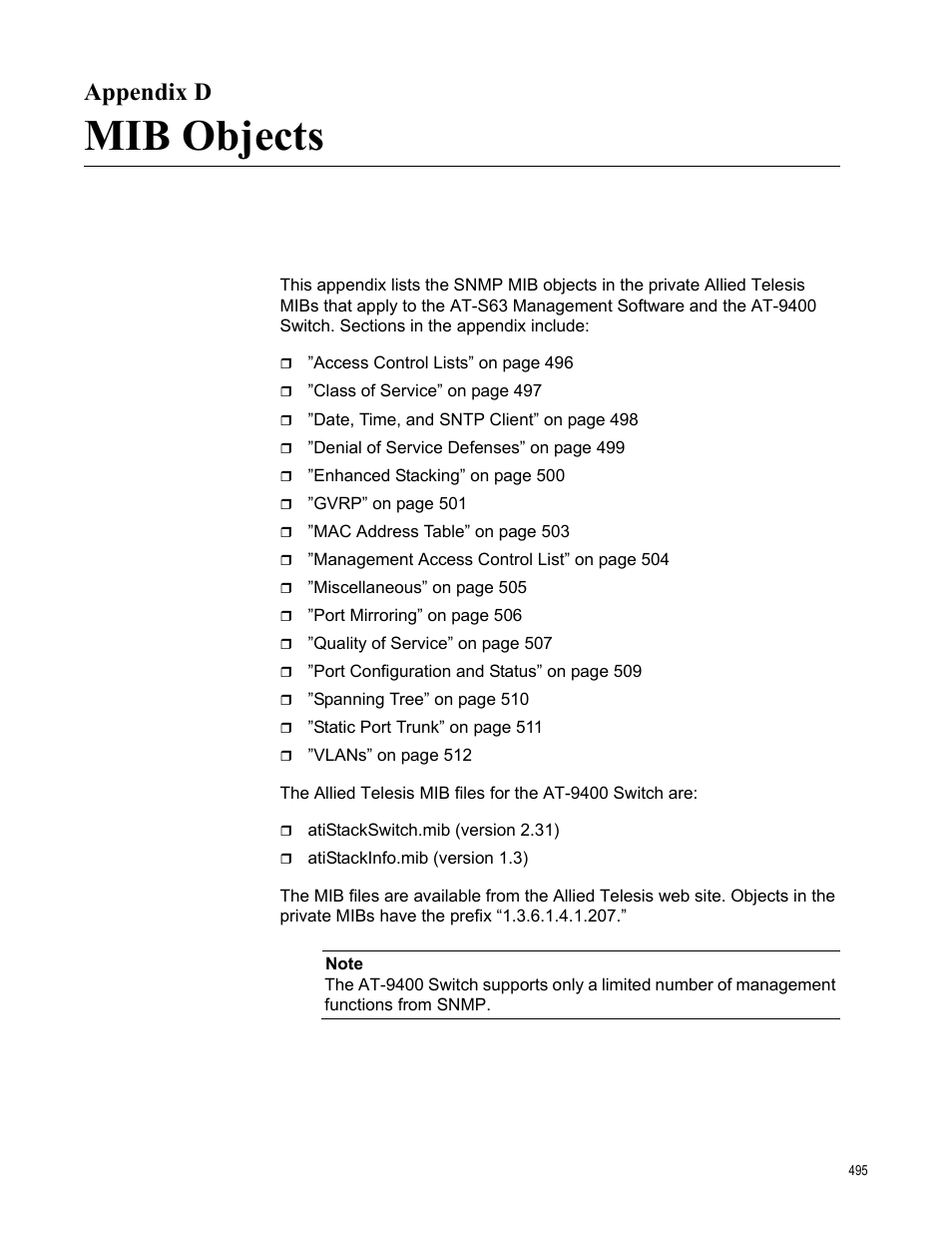 Appendix d, Mib objects, Appendix d: mib objects | Allied Telesis AT-S63 User Manual | Page 495 / 520