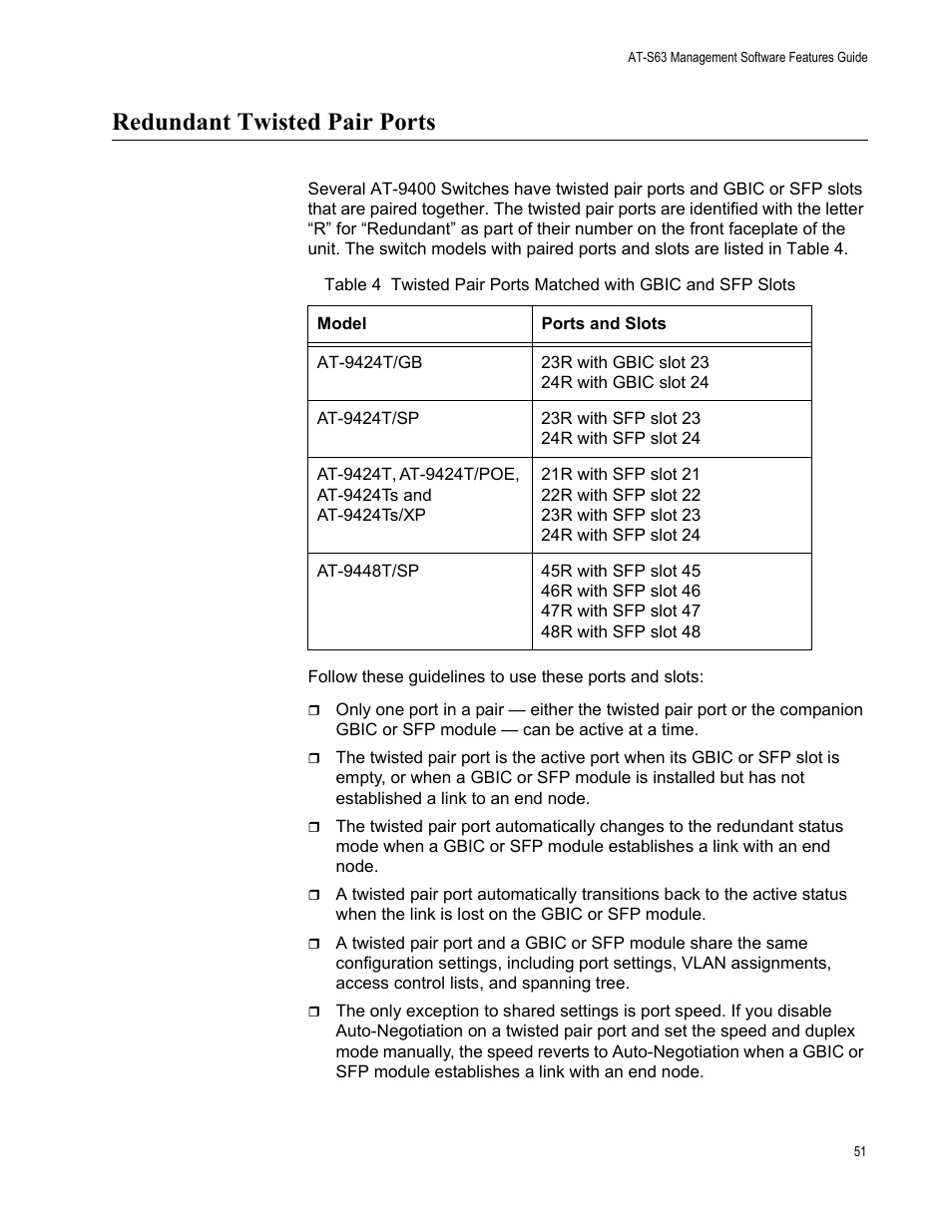 Redundant twisted pair ports | Allied Telesis AT-S63 User Manual | Page 51 / 520