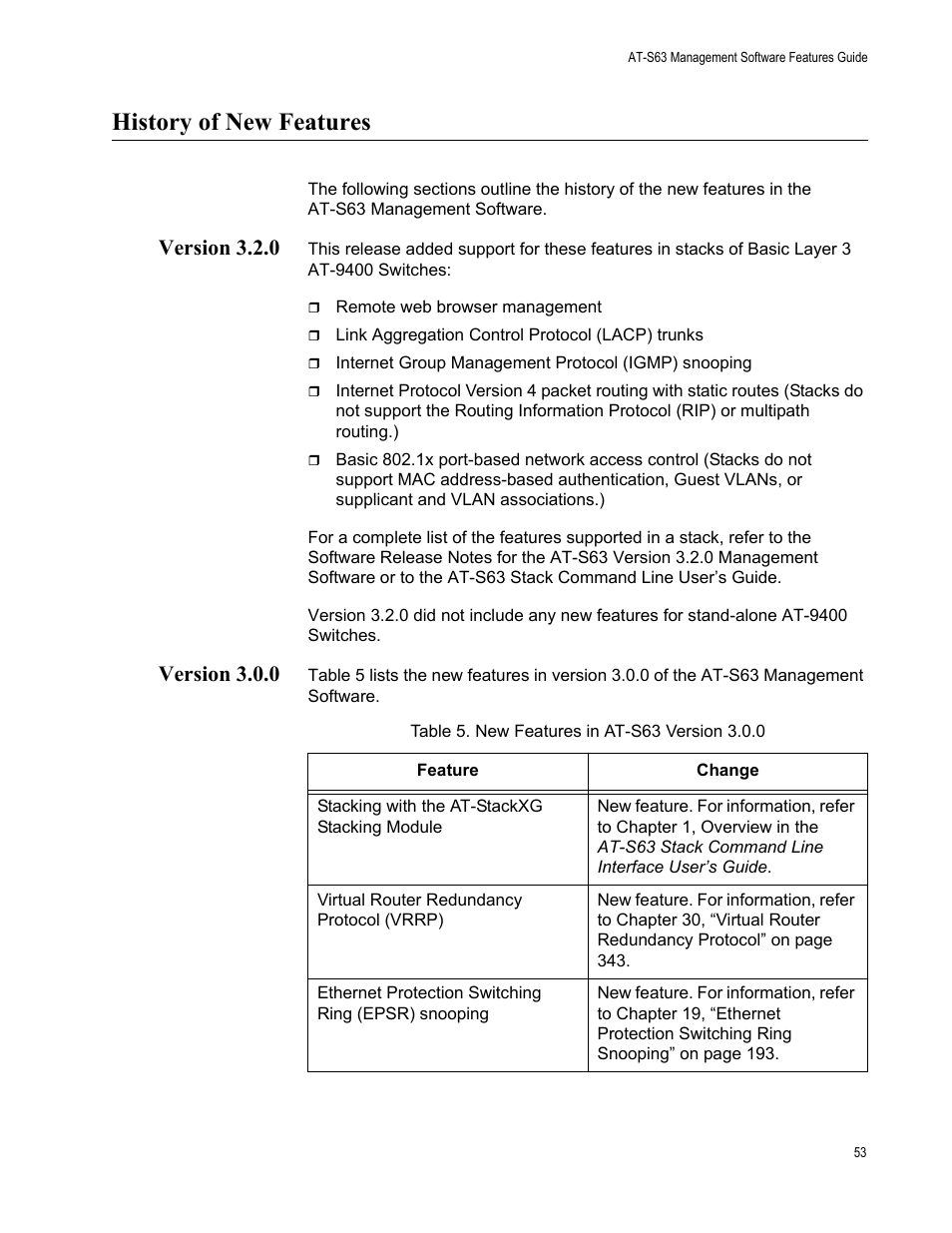 History of new features, Version 3.2.0, Version 3.0.0 | Version 3.2.0 version 3.0.0, Table 5: new features in at-s63 version 3.0.0 | Allied Telesis AT-S63 User Manual | Page 53 / 520