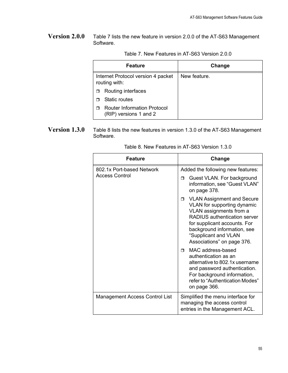 Version 2.0.0, Version 1.3.0, Version 2.0.0 version 1.3.0 | Allied Telesis AT-S63 User Manual | Page 55 / 520