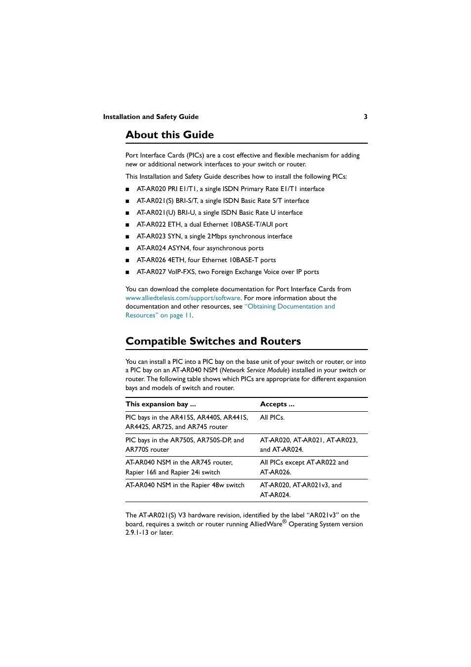 About this guide, Compatible switches and routers | Allied Telesis Port Interface Card User Manual | Page 4 / 13