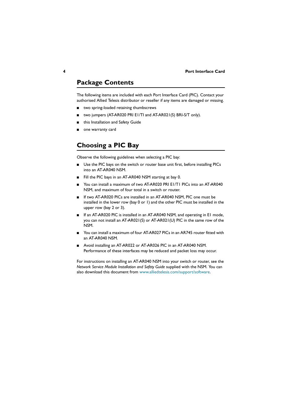 Package contents, Choosing a pic bay | Allied Telesis Port Interface Card User Manual | Page 5 / 13