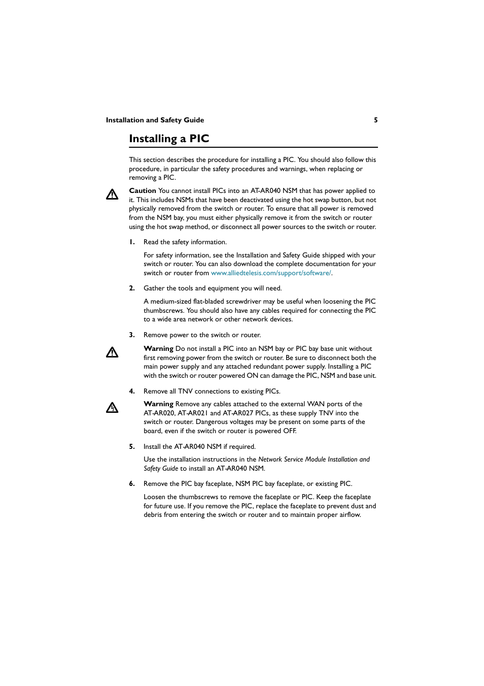 Installing a pic | Allied Telesis Port Interface Card User Manual | Page 6 / 13