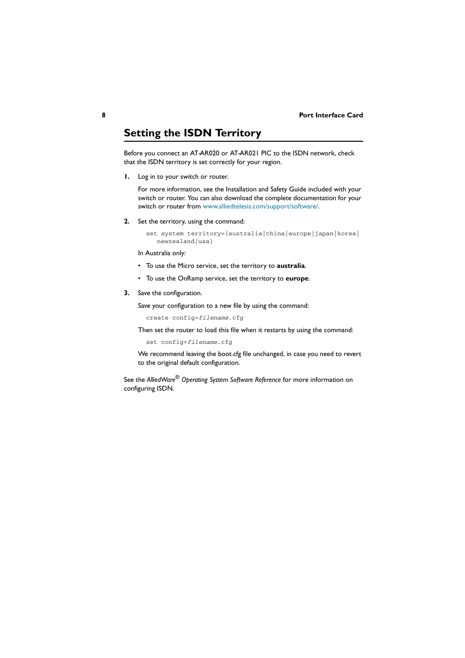 Setting the isdn territory | Allied Telesis Port Interface Card User Manual | Page 9 / 13