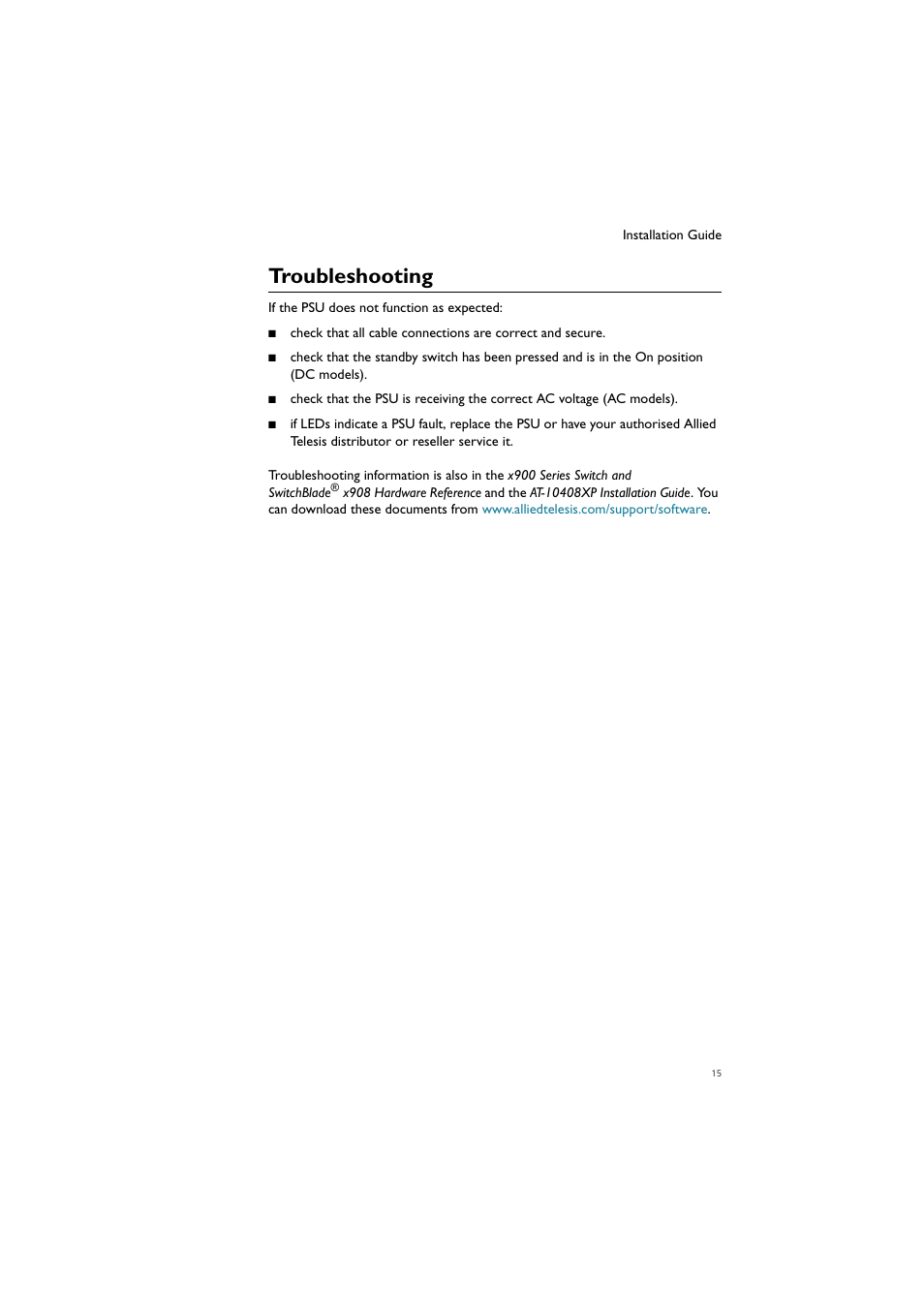 Troubleshooting | Allied Telesis Removable Power Supply and Fan User Manual | Page 16 / 20