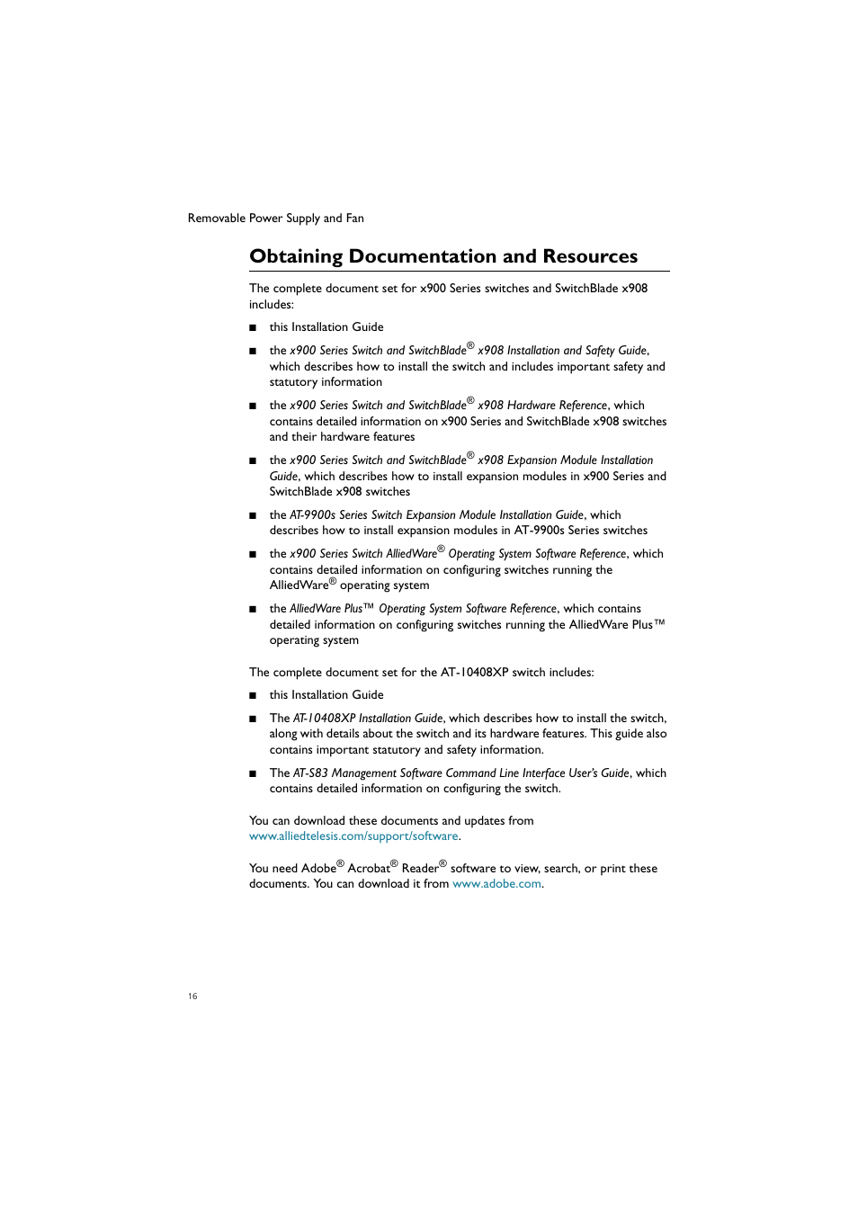 Obtaining documentation and resources, Obtaining documentation and | Allied Telesis Removable Power Supply and Fan User Manual | Page 17 / 20