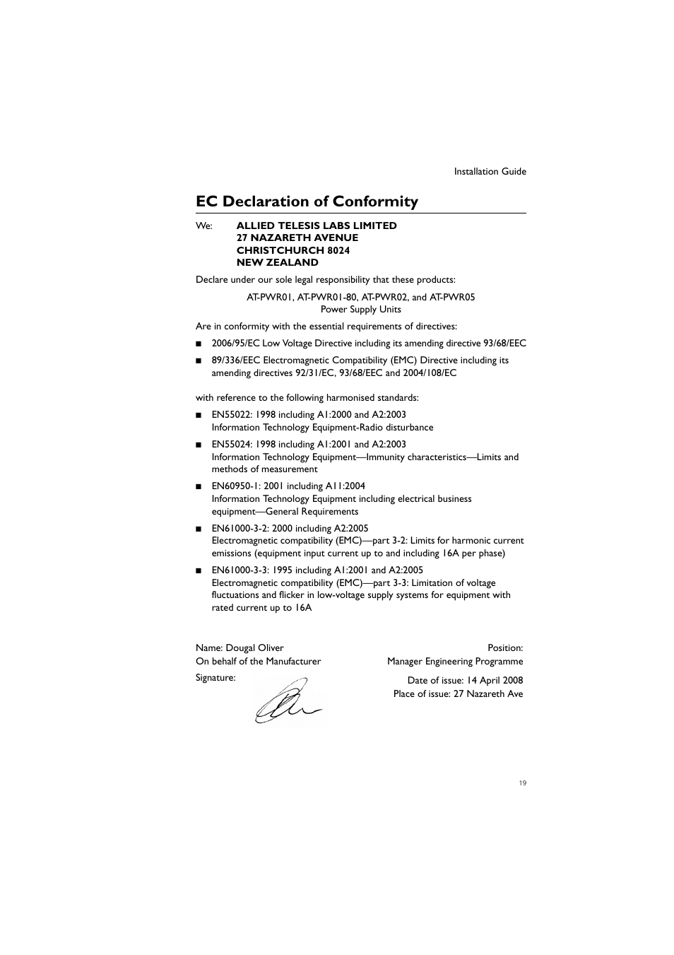Ec declaration of conformity | Allied Telesis Removable Power Supply and Fan User Manual | Page 20 / 20