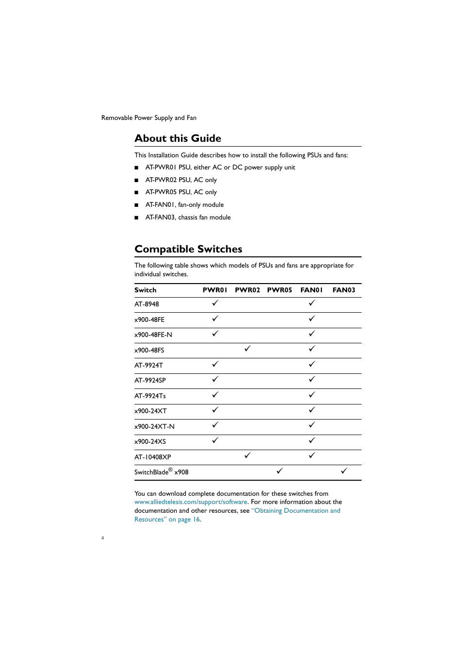 About this guide, Compatible switches | Allied Telesis Removable Power Supply and Fan User Manual | Page 5 / 20