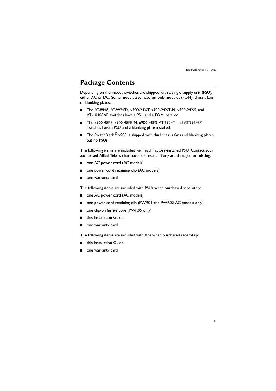 Package contents | Allied Telesis Removable Power Supply and Fan User Manual | Page 6 / 20