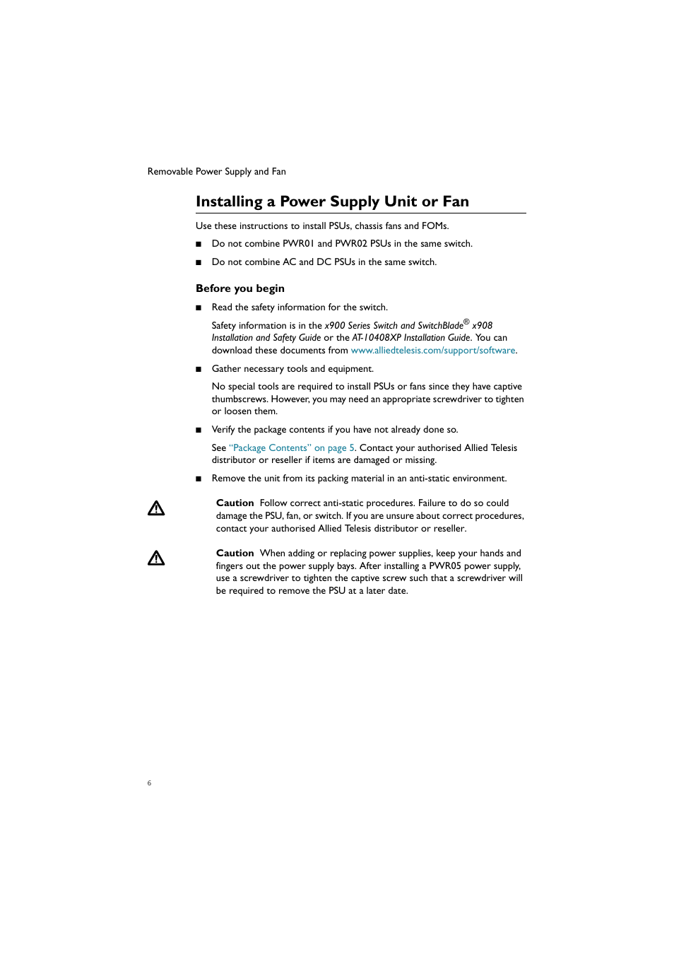 Installing a power supply unit or fan | Allied Telesis Removable Power Supply and Fan User Manual | Page 7 / 20