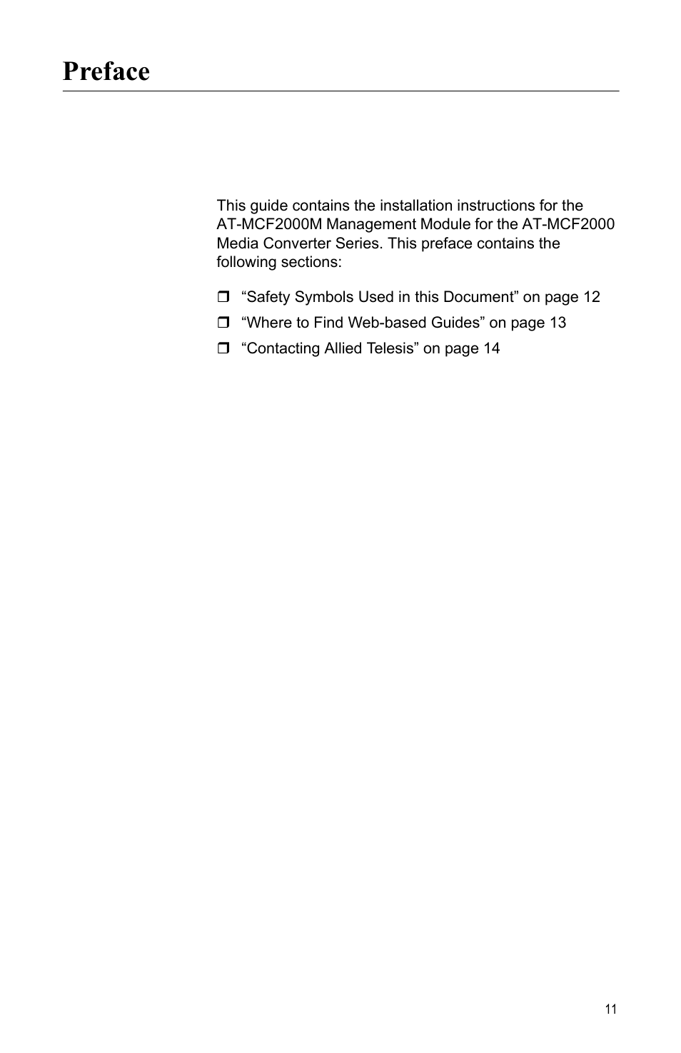 Preface | Allied Telesis AT-MCF2000M User Manual | Page 11 / 70