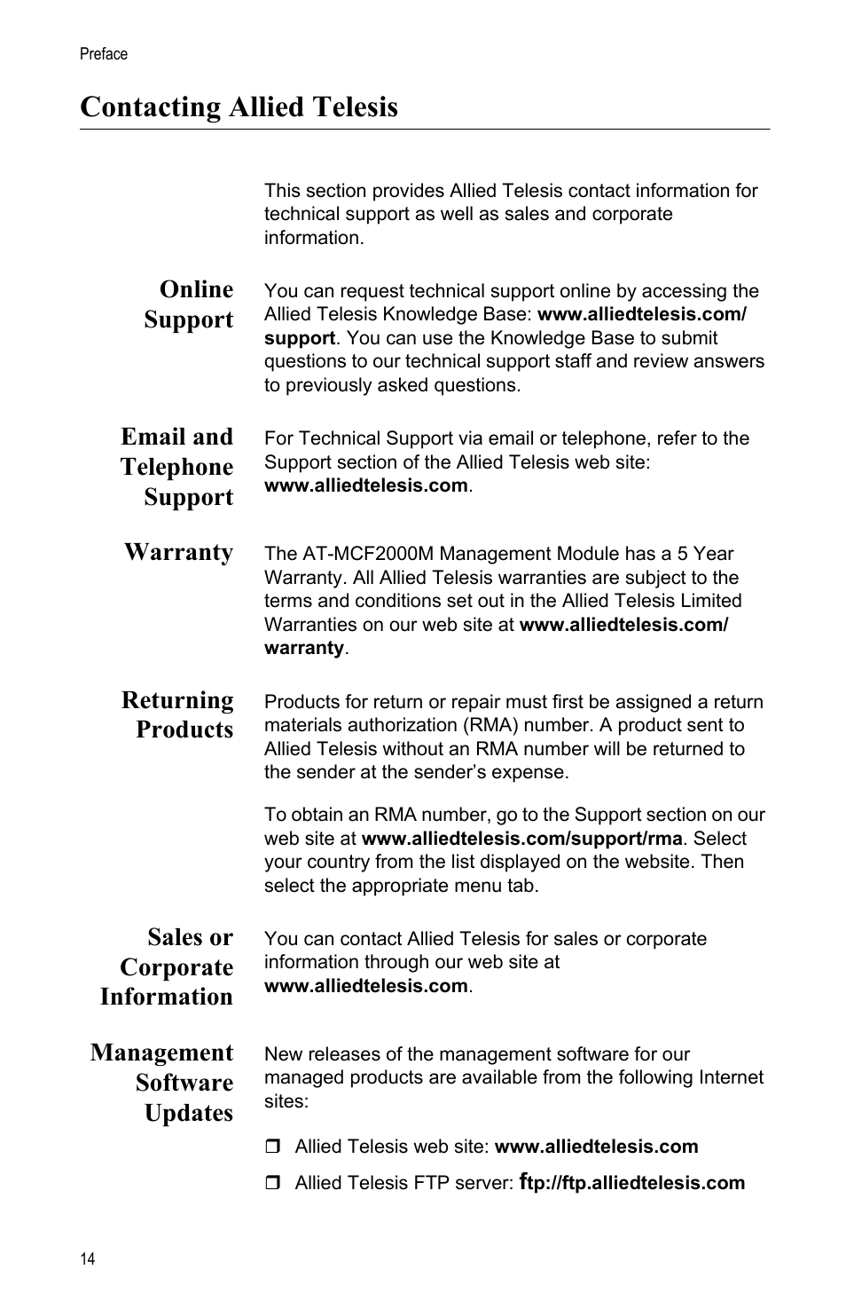 Contacting allied telesis, Online support, Email and telephone support | Warranty, Returning products, Sales or corporate information, Management software updates | Allied Telesis AT-MCF2000M User Manual | Page 14 / 70