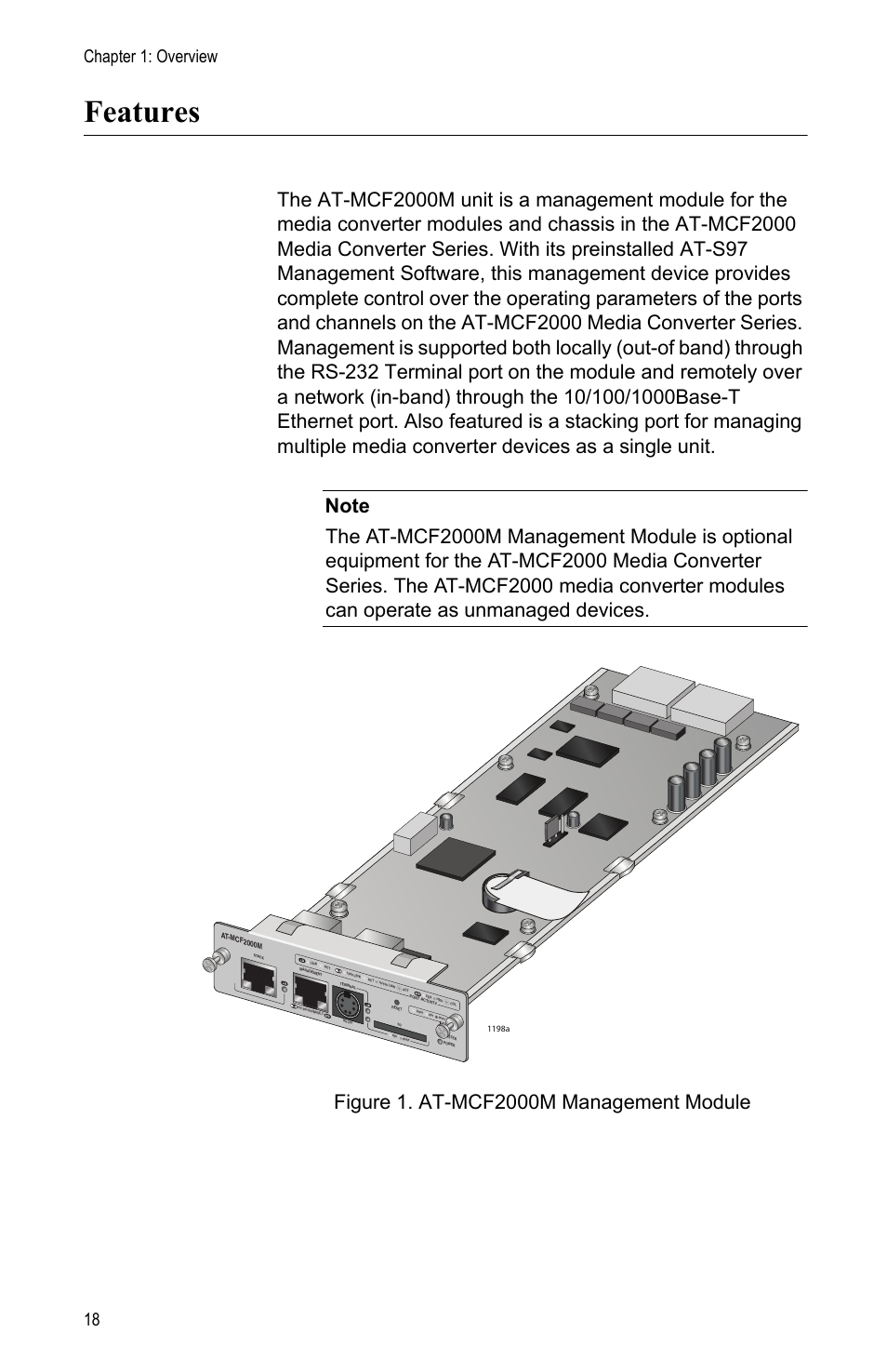 Features, 2000m management module, Chapter 1: overview 18 | Allied Telesis AT-MCF2000M User Manual | Page 18 / 70