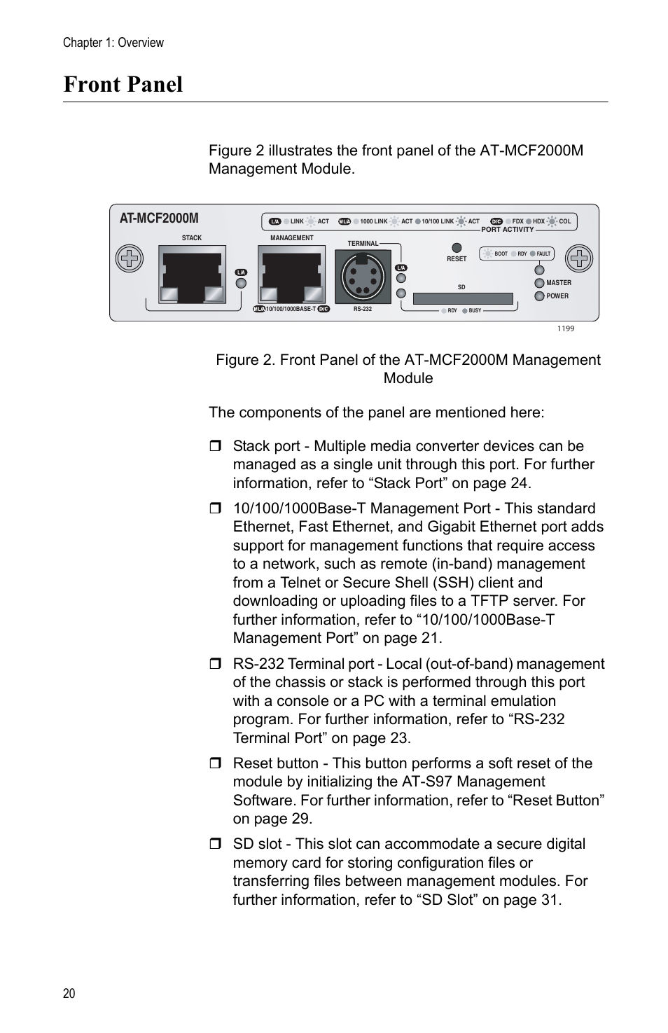 Front panel, Chapter 1: overview 20, At-mcf2000m | Allied Telesis AT-MCF2000M User Manual | Page 20 / 70