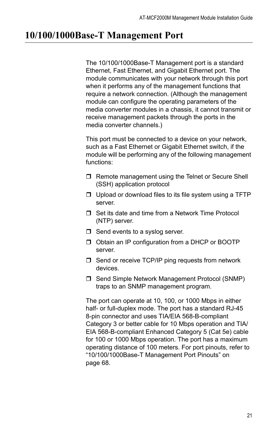10/100/1000base-t management port | Allied Telesis AT-MCF2000M User Manual | Page 21 / 70