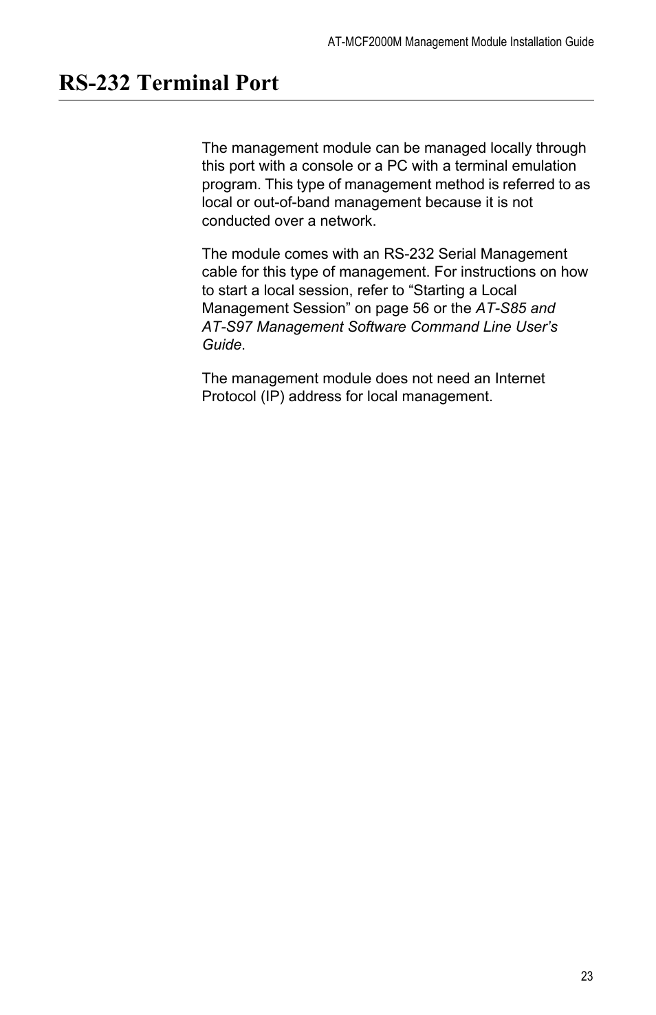 Rs-232 terminal port | Allied Telesis AT-MCF2000M User Manual | Page 23 / 70