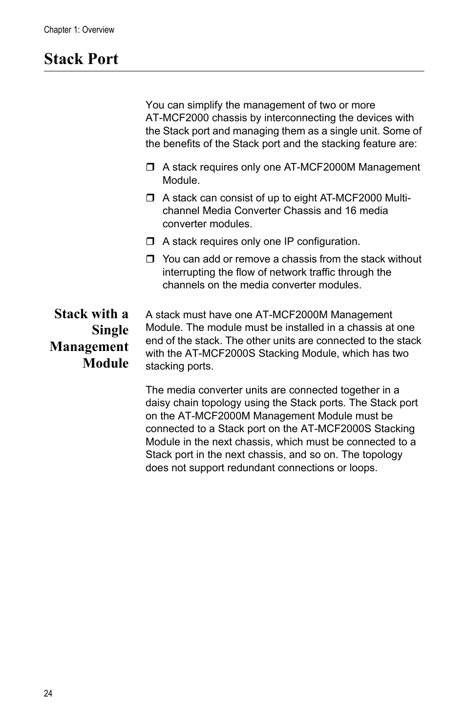 Stack port, Stack with a single management module | Allied Telesis AT-MCF2000M User Manual | Page 24 / 70