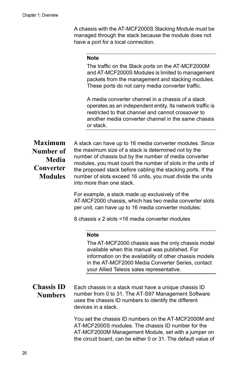 Maximum number of media converter modules, Chassis id numbers | Allied Telesis AT-MCF2000M User Manual | Page 26 / 70