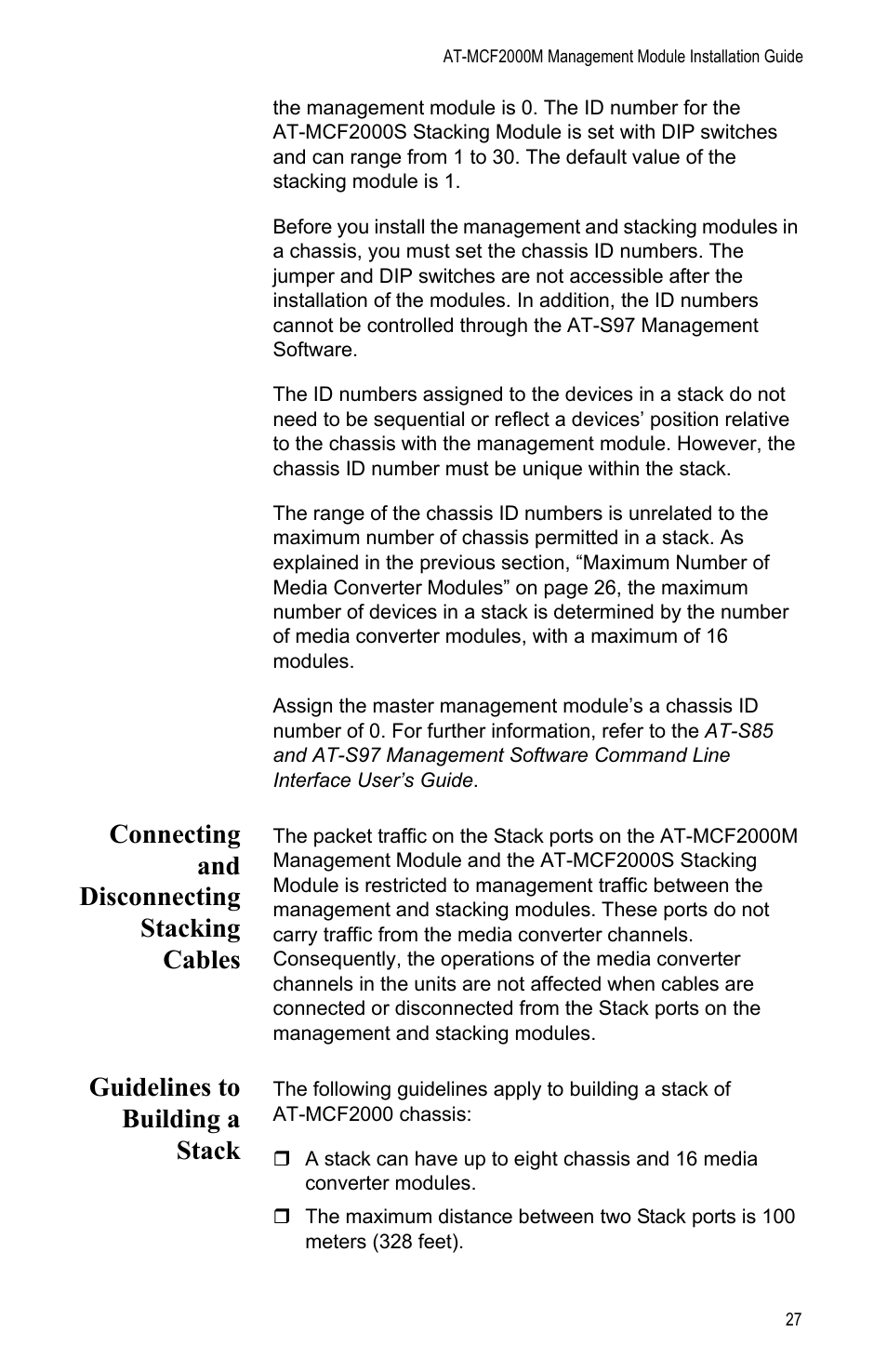 Connecting and disconnecting stacking cables, Guidelines to building a stack | Allied Telesis AT-MCF2000M User Manual | Page 27 / 70