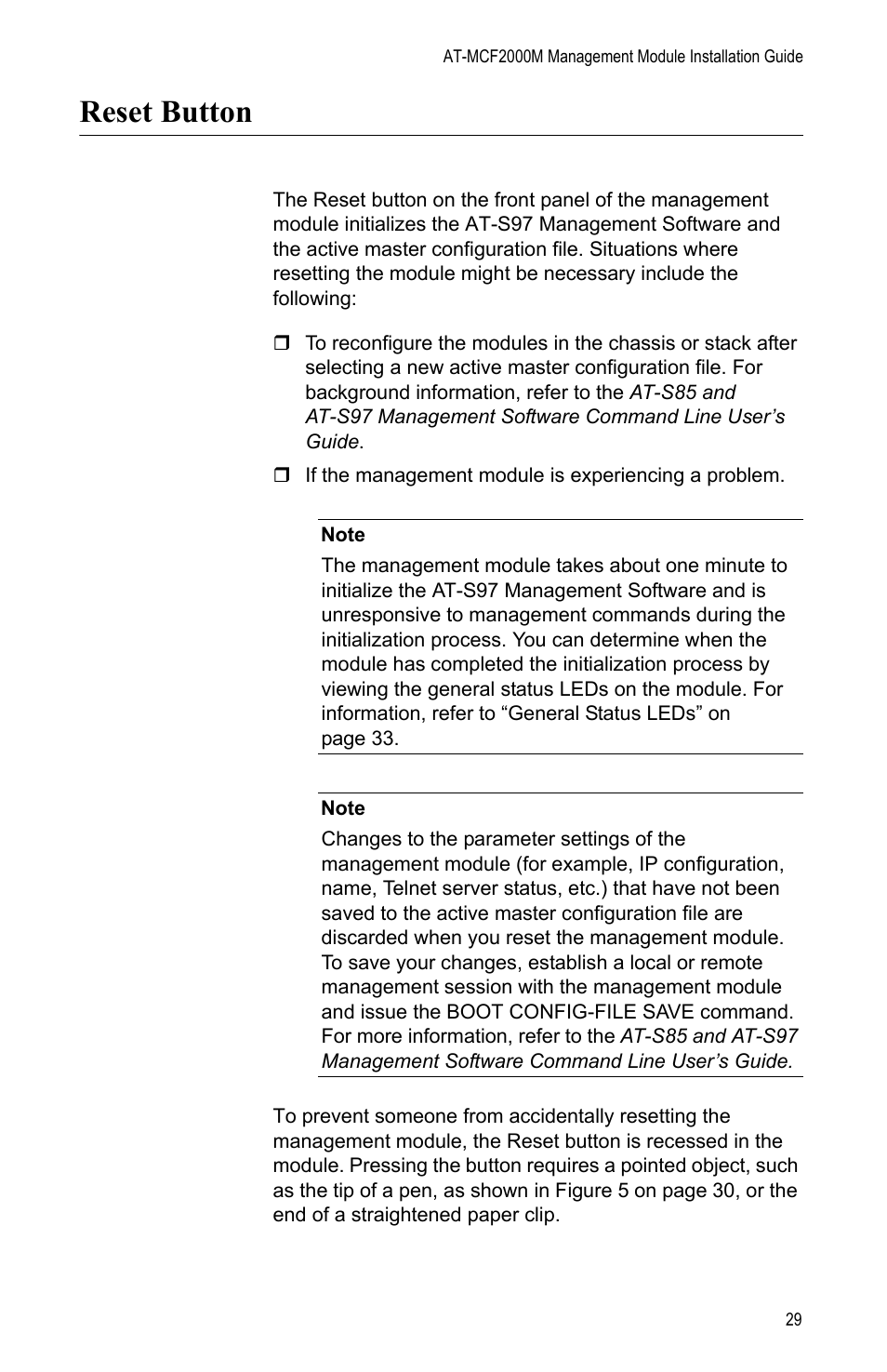 Reset button | Allied Telesis AT-MCF2000M User Manual | Page 29 / 70