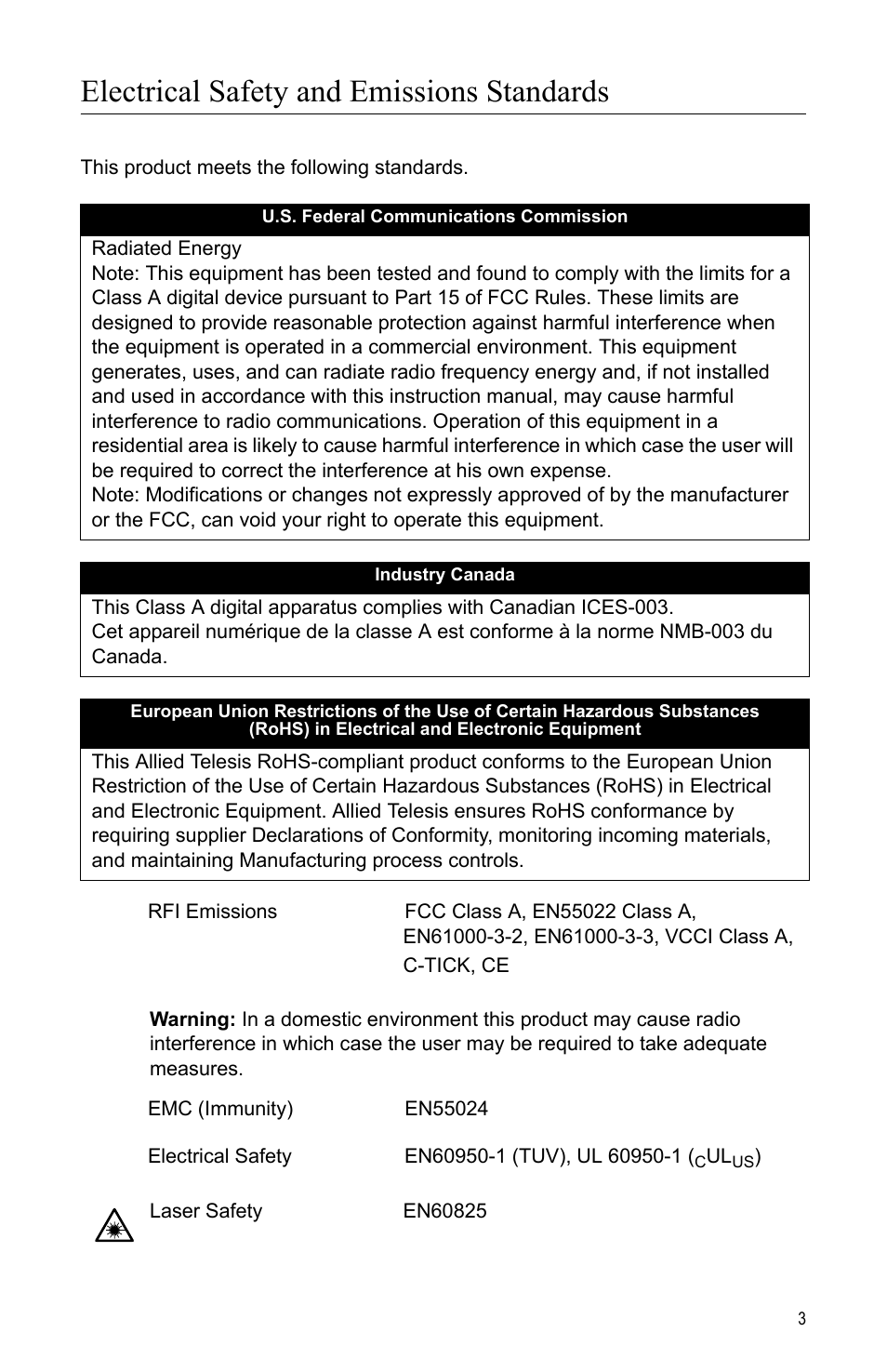 Electrical safety and emissions standards | Allied Telesis AT-MCF2000M User Manual | Page 3 / 70