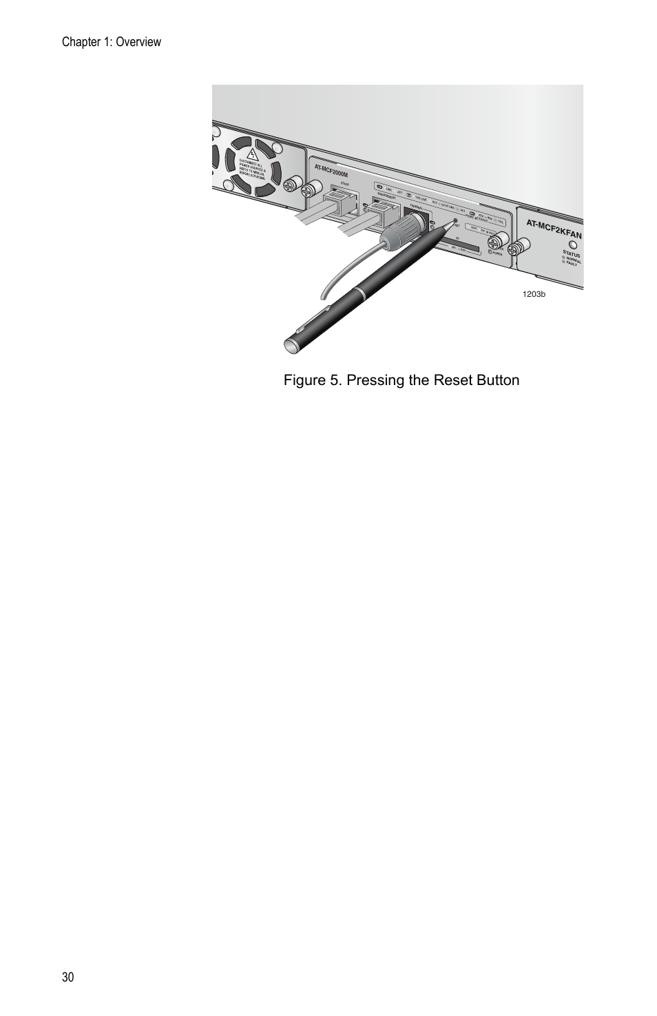 Figure 5: pressing the reset button, Figure 5. pressing the reset button, Chapter 1: overview 30 | 1203b, At-mcf2kf an | Allied Telesis AT-MCF2000M User Manual | Page 30 / 70