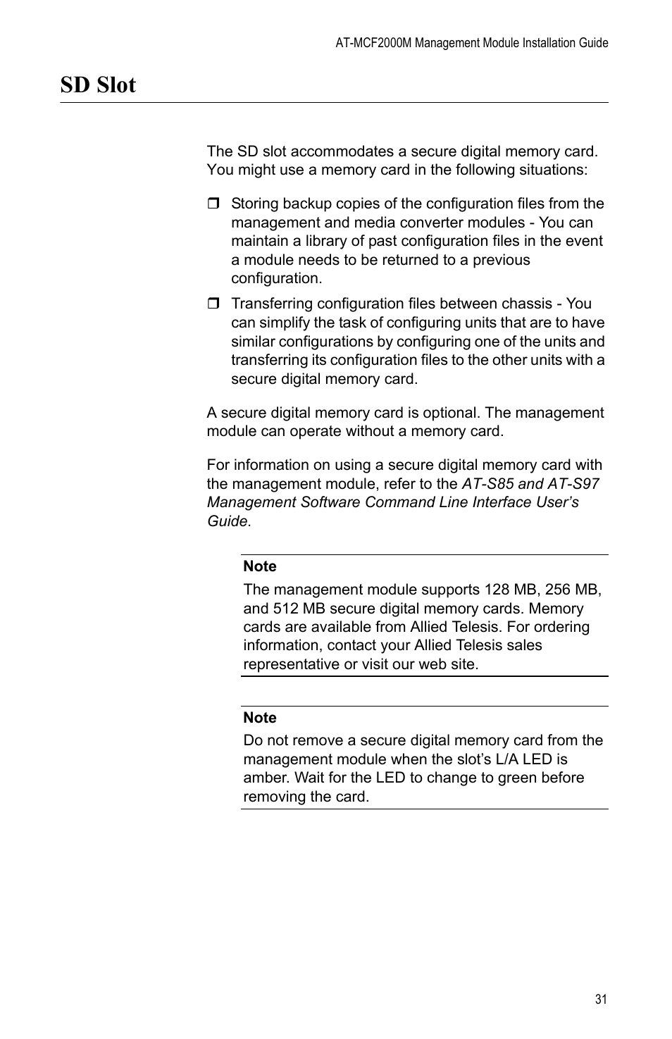 Sd slot | Allied Telesis AT-MCF2000M User Manual | Page 31 / 70