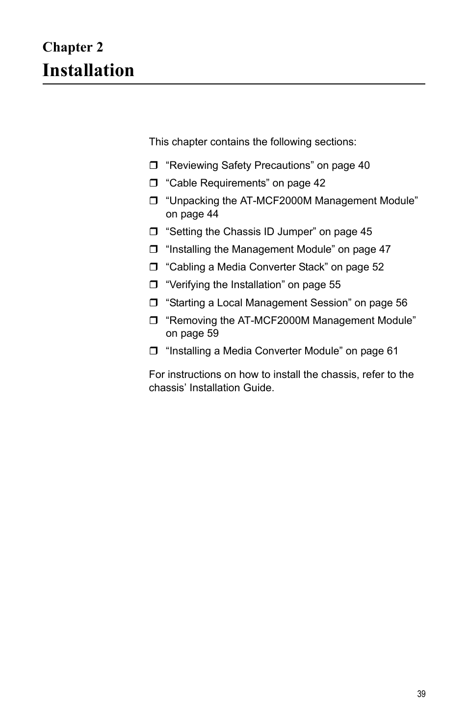 Chapter 2, Installation, Ter 2: installation | Allied Telesis AT-MCF2000M User Manual | Page 39 / 70
