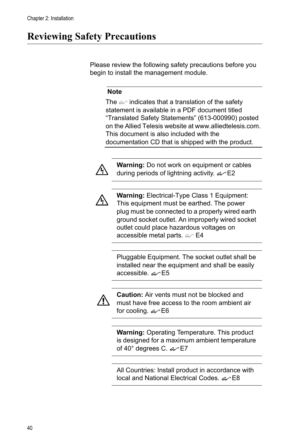 Reviewing safety precautions | Allied Telesis AT-MCF2000M User Manual | Page 40 / 70