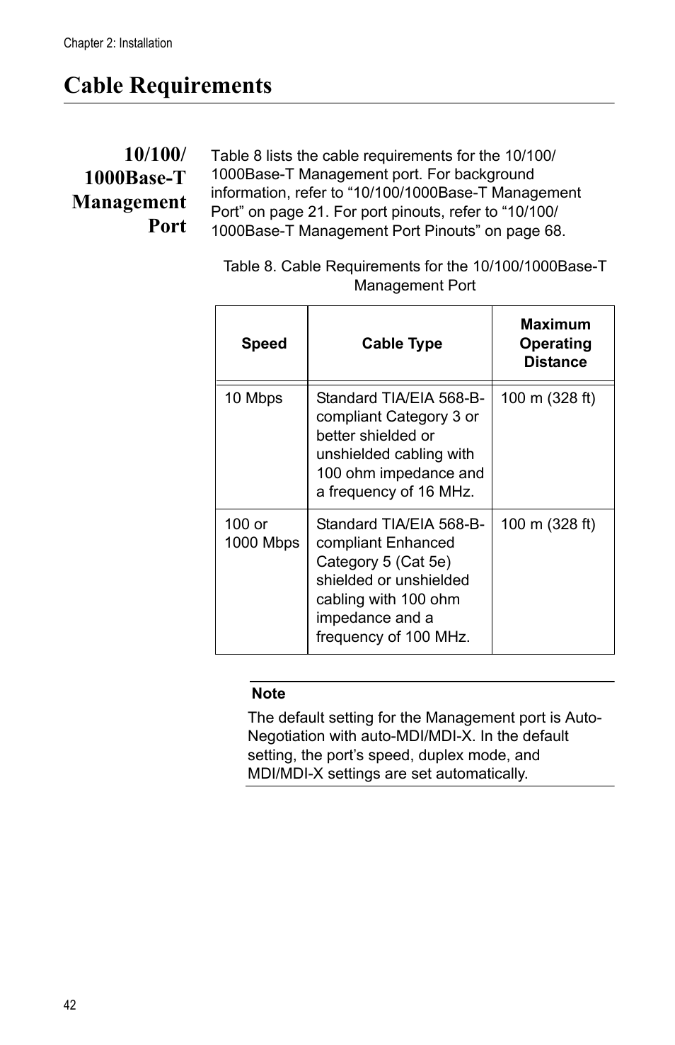 Cable requirements, 10/100/ 1000base-t management port, 10/100/1000base-t management port | Allied Telesis AT-MCF2000M User Manual | Page 42 / 70