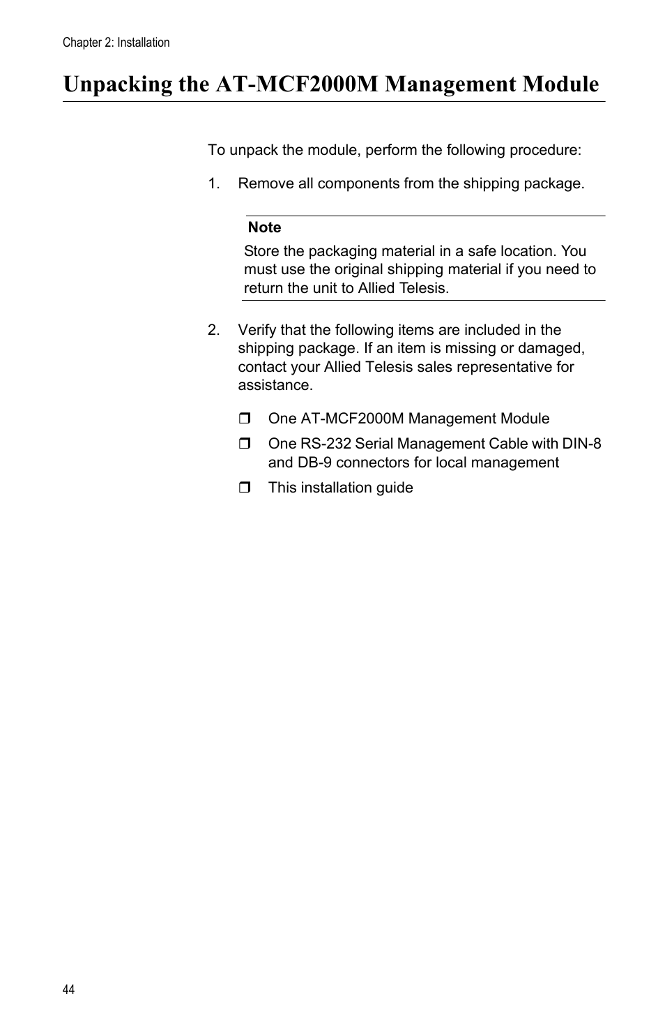 Unpacking the at-mcf2000m management module | Allied Telesis AT-MCF2000M User Manual | Page 44 / 70