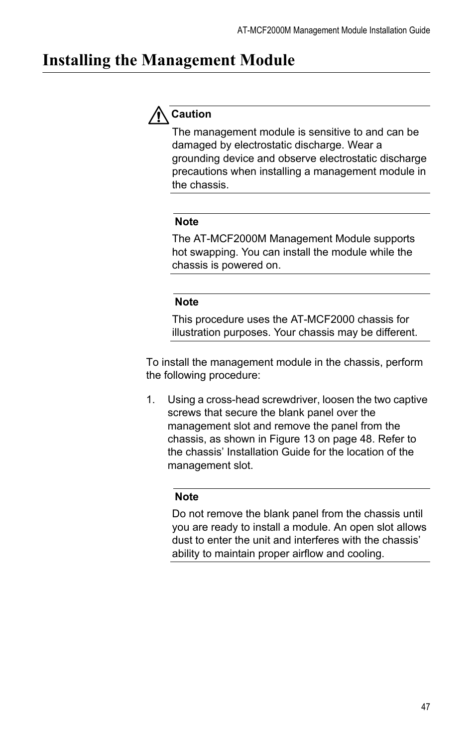 Installing the management module | Allied Telesis AT-MCF2000M User Manual | Page 47 / 70