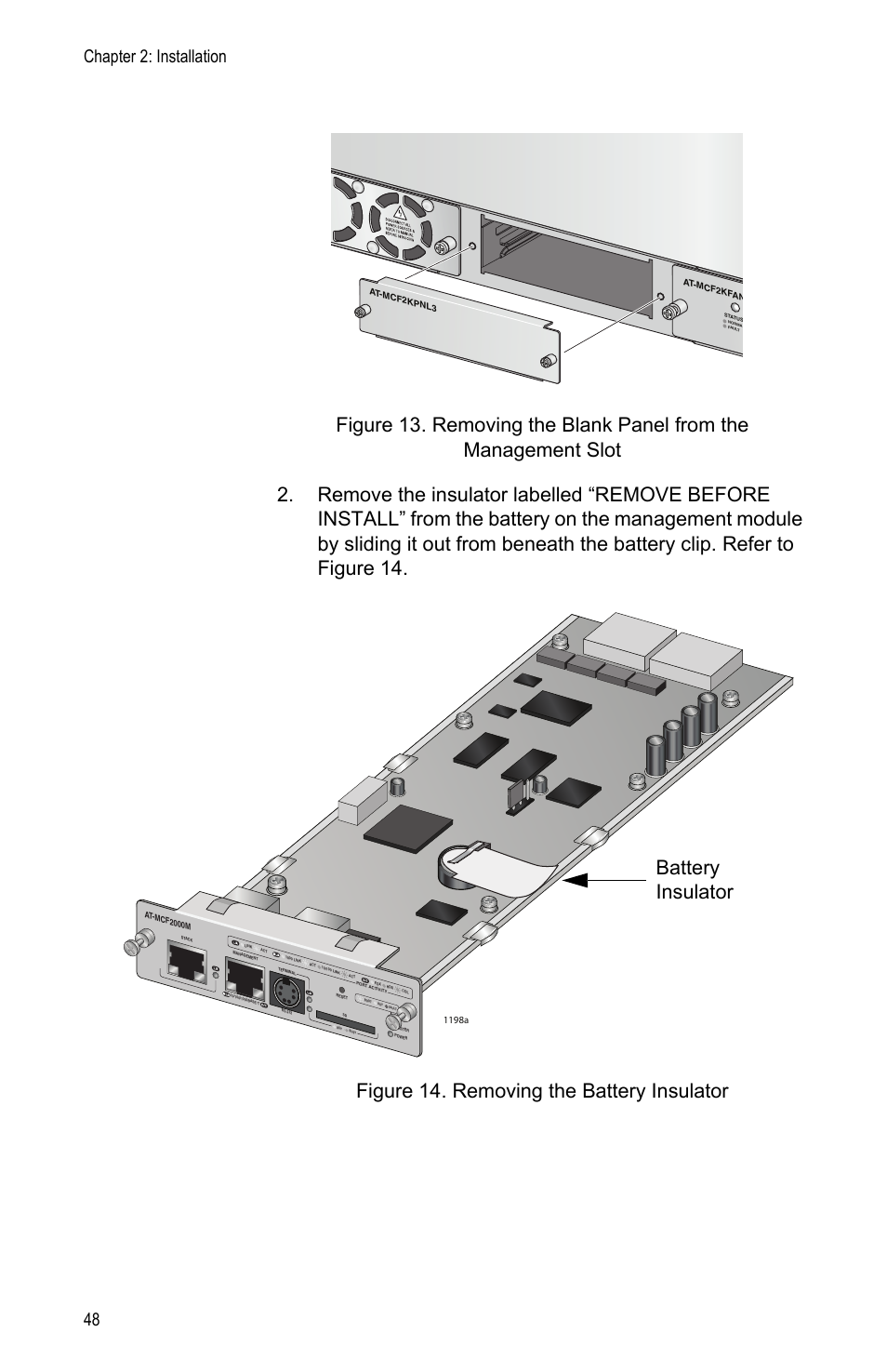 Battery insulator, Chapter 2: installation 48 | Allied Telesis AT-MCF2000M User Manual | Page 48 / 70
