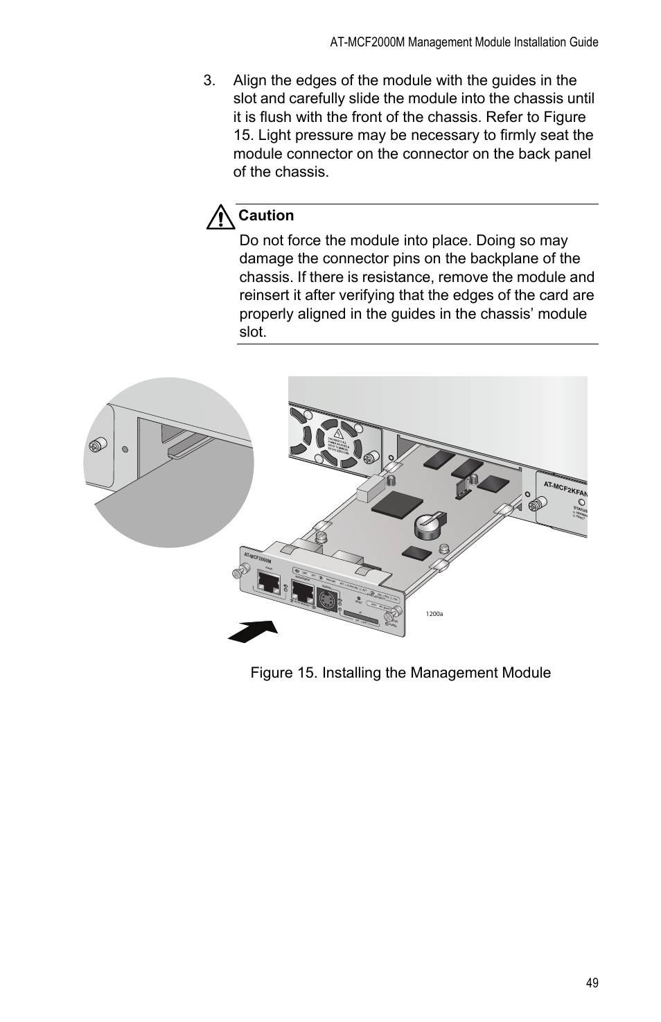 Figure 15: installing the management module | Allied Telesis AT-MCF2000M User Manual | Page 49 / 70