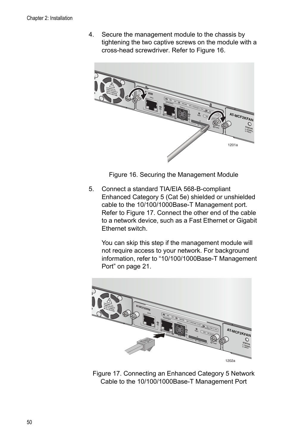 Chapter 2: installation 50, 1201a, 1202a | At-mcf2kf an | Allied Telesis AT-MCF2000M User Manual | Page 50 / 70