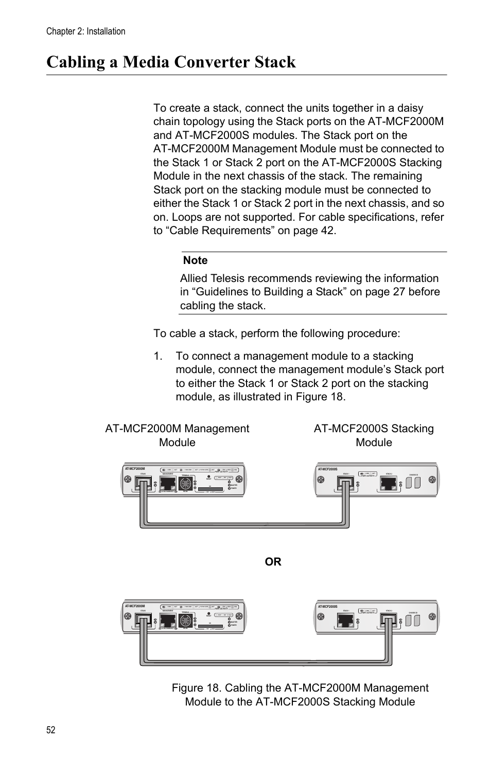 Cabling a media converter stack, Chapter 2: installation 52 | Allied Telesis AT-MCF2000M User Manual | Page 52 / 70
