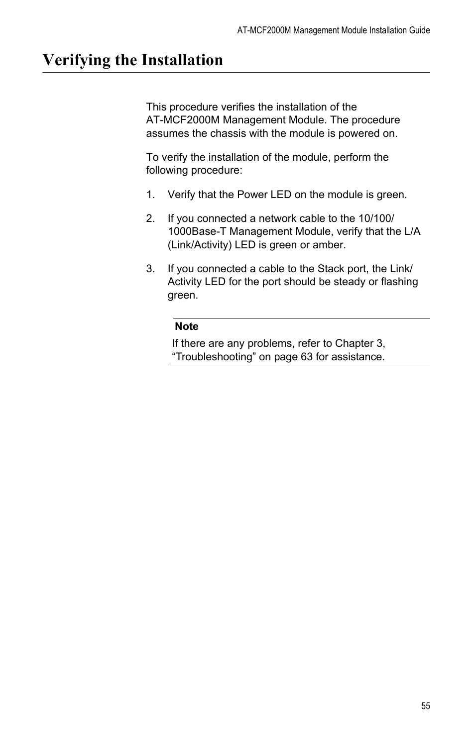 Verifying the installation | Allied Telesis AT-MCF2000M User Manual | Page 55 / 70