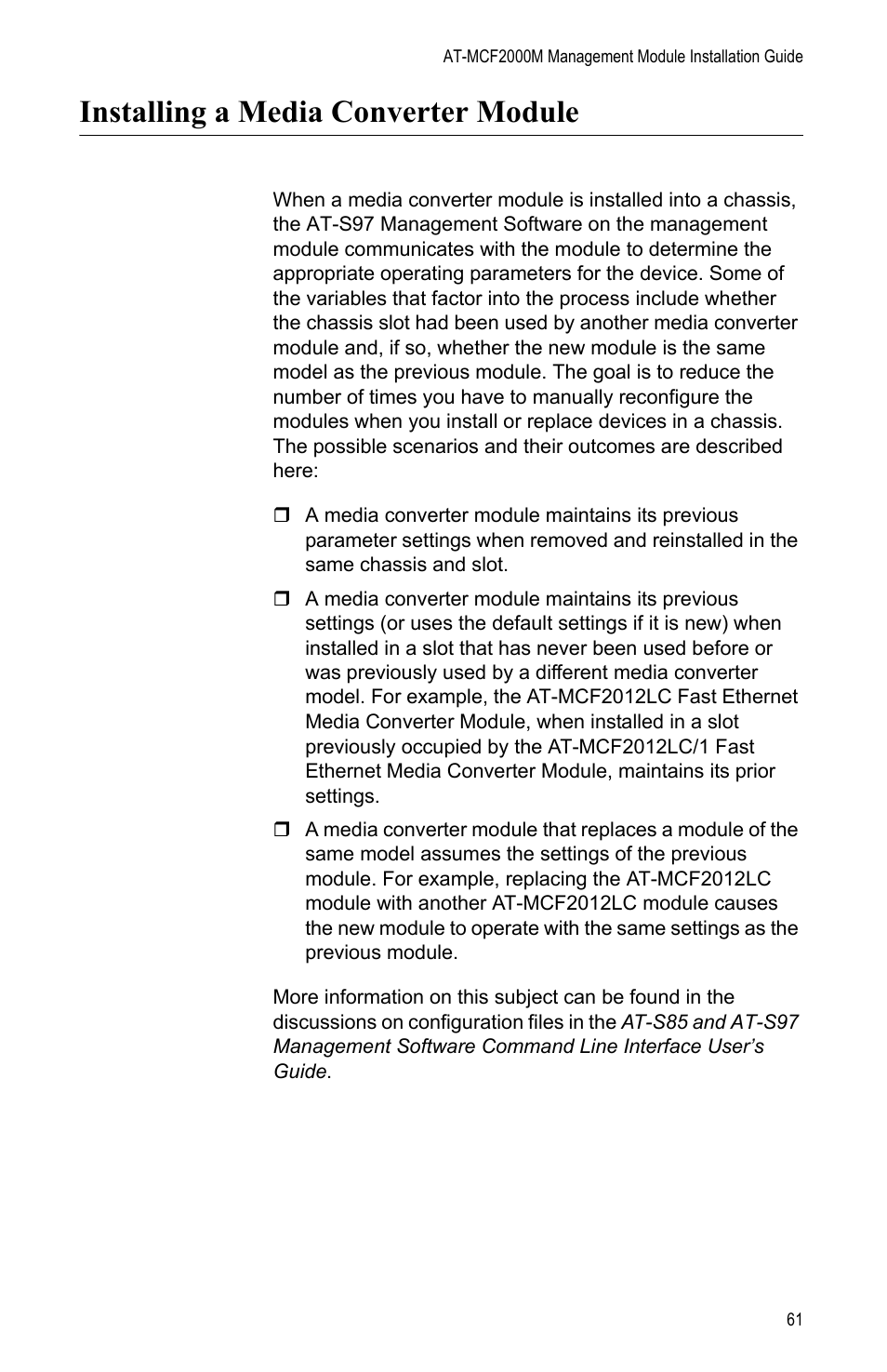 Installing a media converter module | Allied Telesis AT-MCF2000M User Manual | Page 61 / 70