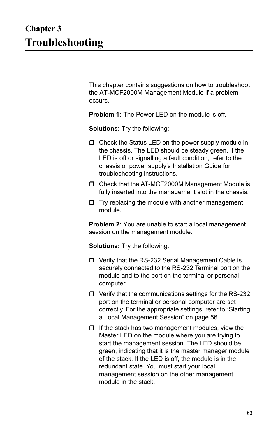 Chapter 3, Troubleshooting, R 3: troubleshooting | Allied Telesis AT-MCF2000M User Manual | Page 63 / 70