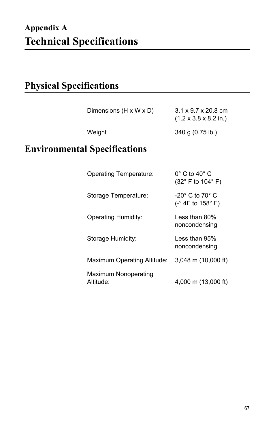 Appendix a, Technical specifications, Physical specifications | Environmental specifications, Appendix a: technical specifications | Allied Telesis AT-MCF2000M User Manual | Page 67 / 70