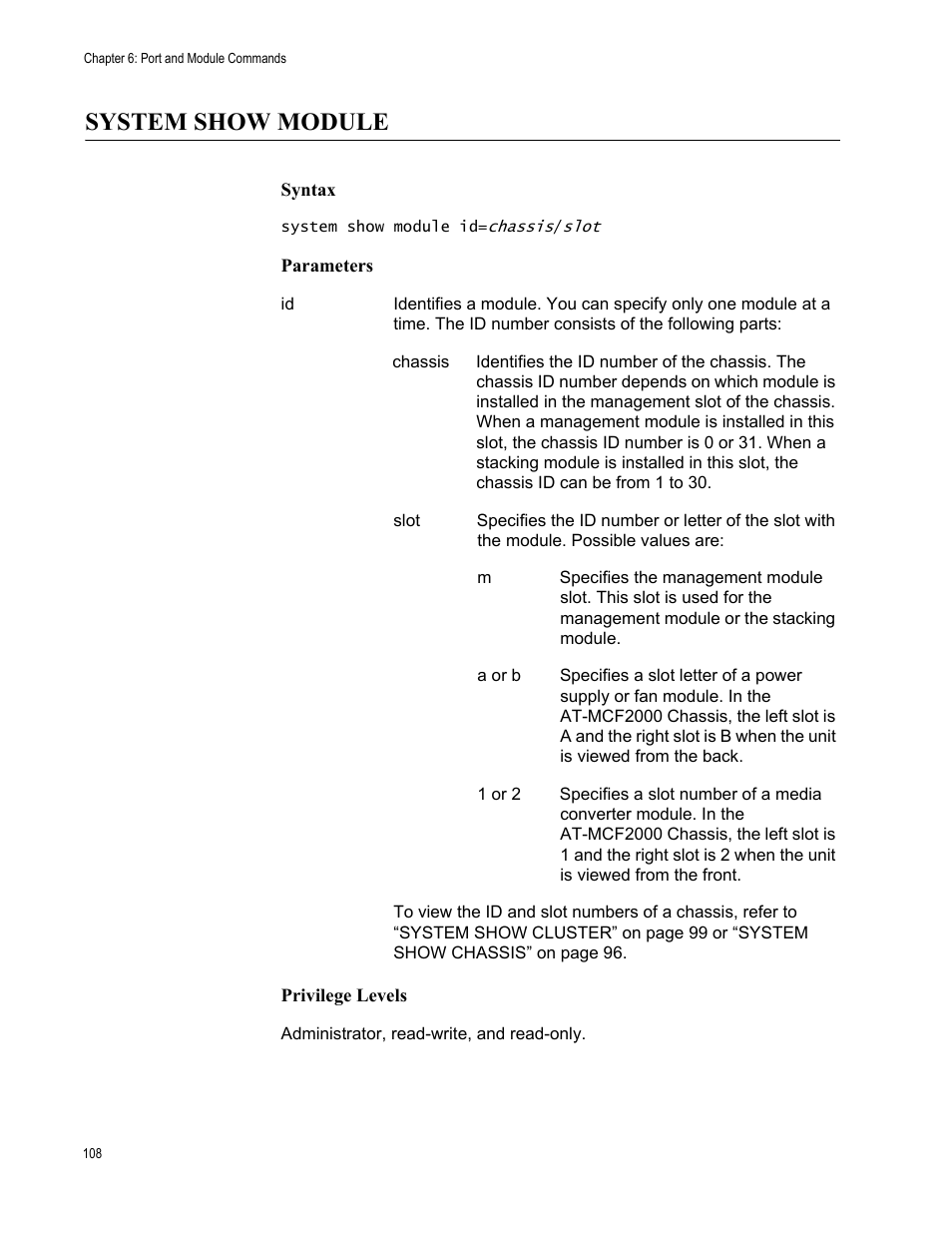 System show module | Allied Telesis AT-S97 User Manual | Page 108 / 254