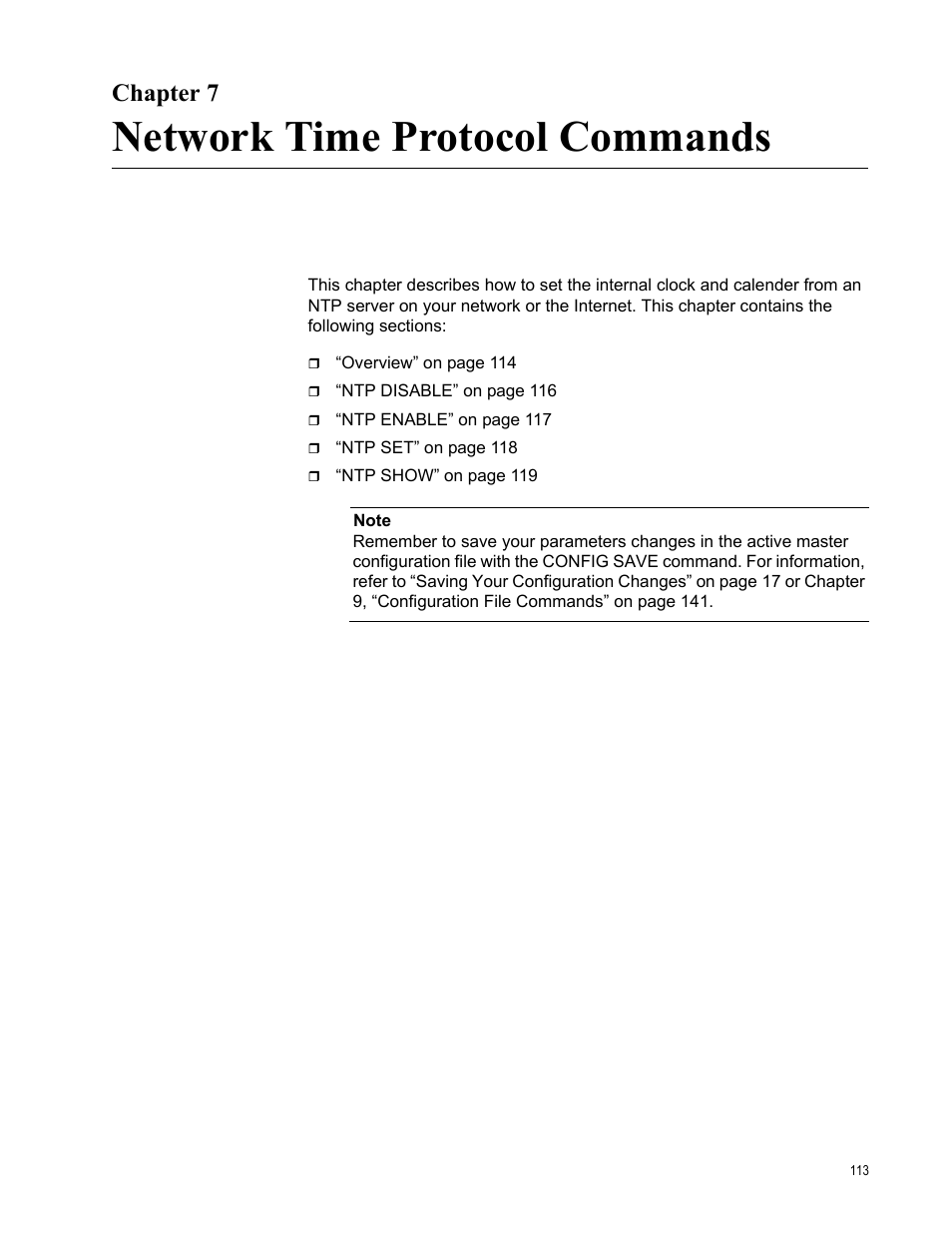 Chapter 7, Network time protocol commands, R 7: network time protocol commands | Allied Telesis AT-S97 User Manual | Page 113 / 254