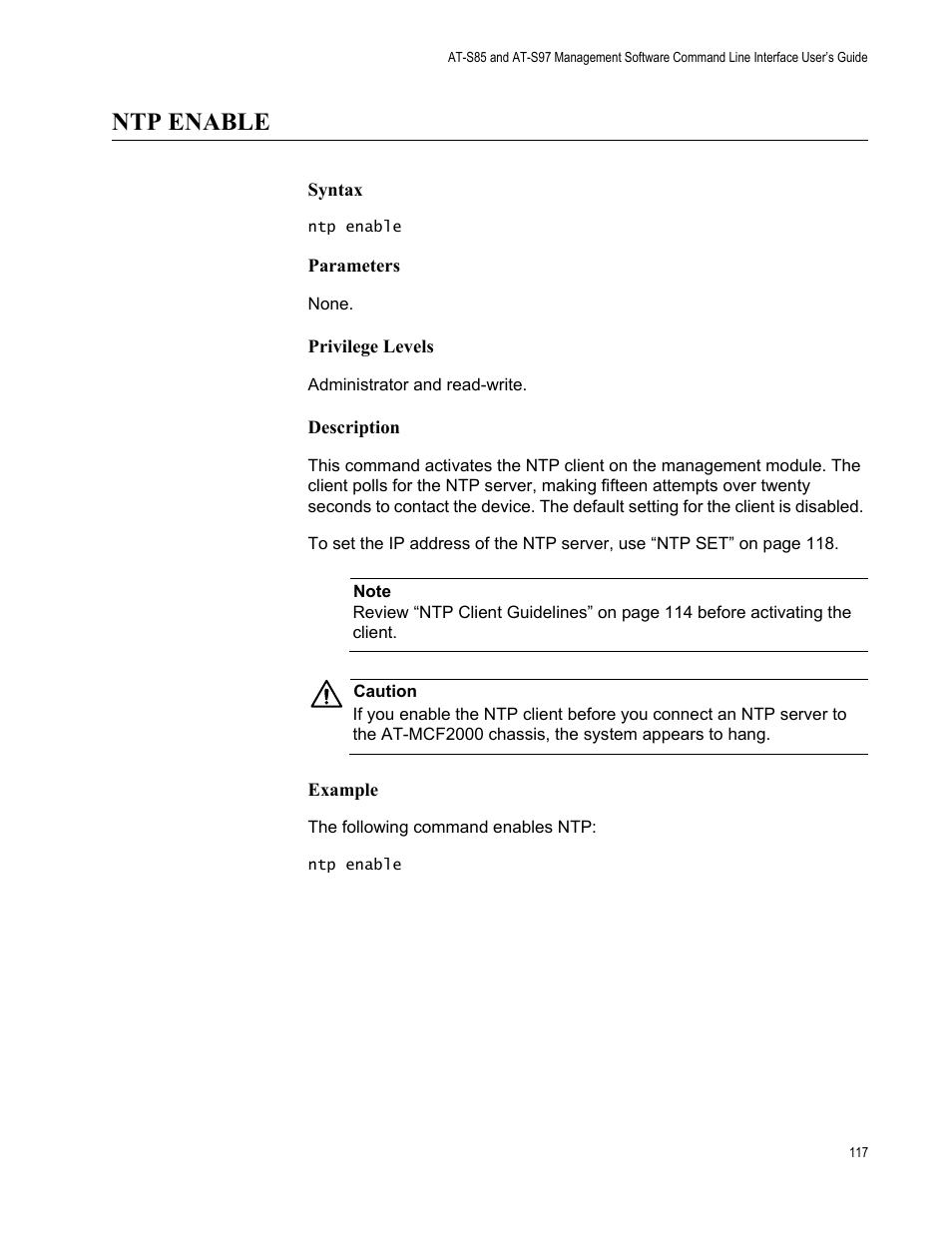 Ntp enable | Allied Telesis AT-S97 User Manual | Page 117 / 254