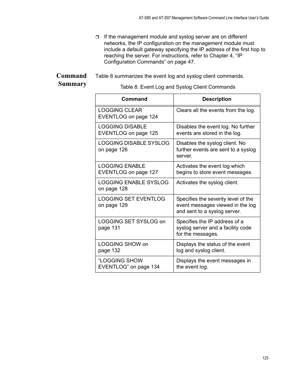 Command summary, Table 8: event log and syslog client commands | Allied Telesis AT-S97 User Manual | Page 123 / 254