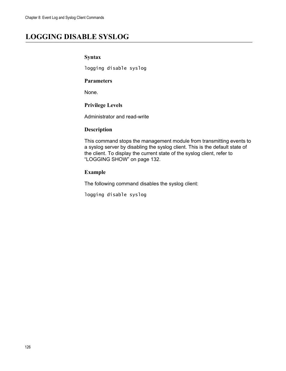 Logging disable syslog | Allied Telesis AT-S97 User Manual | Page 126 / 254