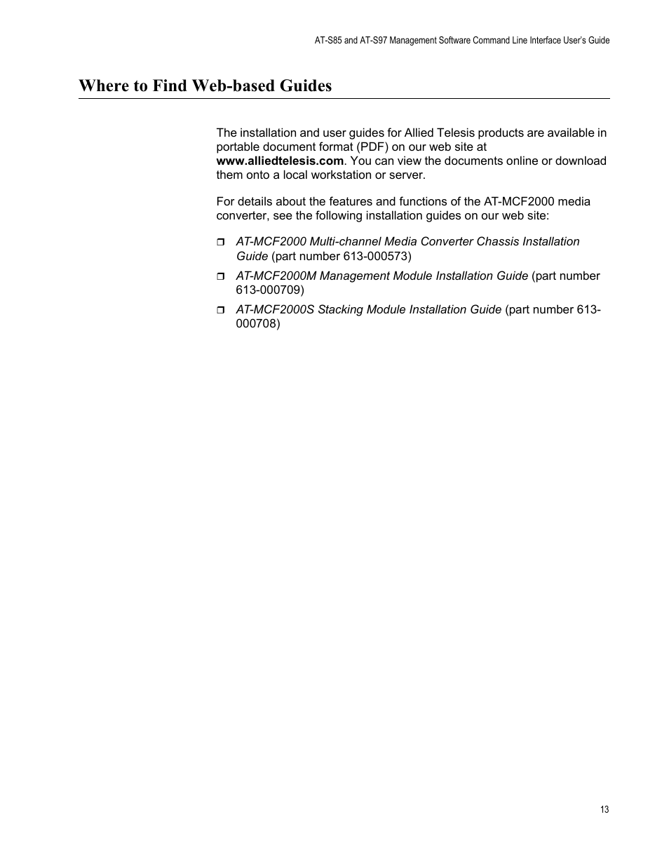 Where to find web-based guides | Allied Telesis AT-S97 User Manual | Page 13 / 254