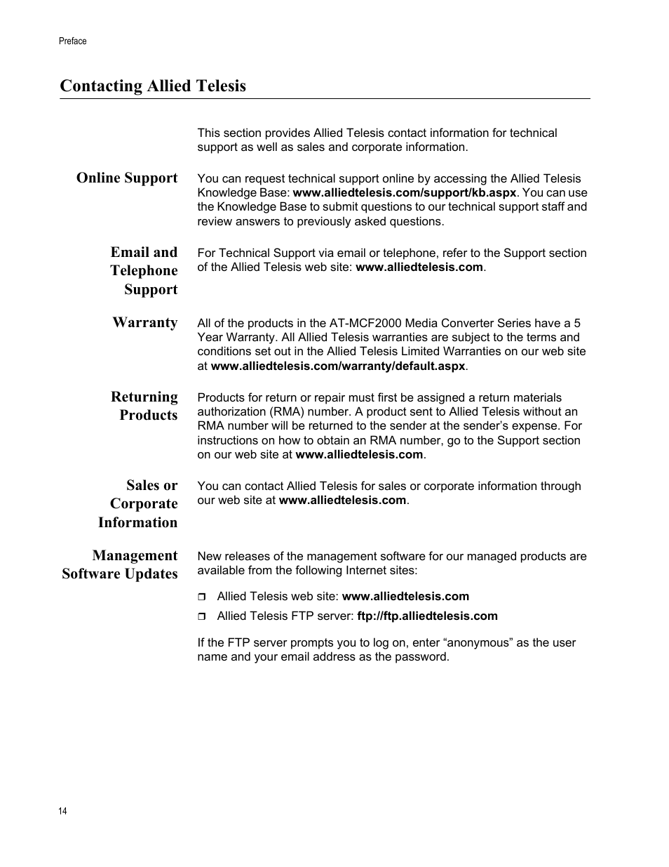 Contacting allied telesis, Online support, Email and telephone support | Warranty, Returning products, Sales or corporate information, Management software updates | Allied Telesis AT-S97 User Manual | Page 14 / 254