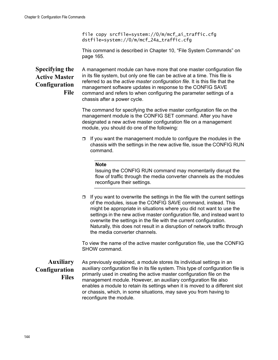 Specifying the active master configuration file, Auxiliary configuration files | Allied Telesis AT-S97 User Manual | Page 144 / 254